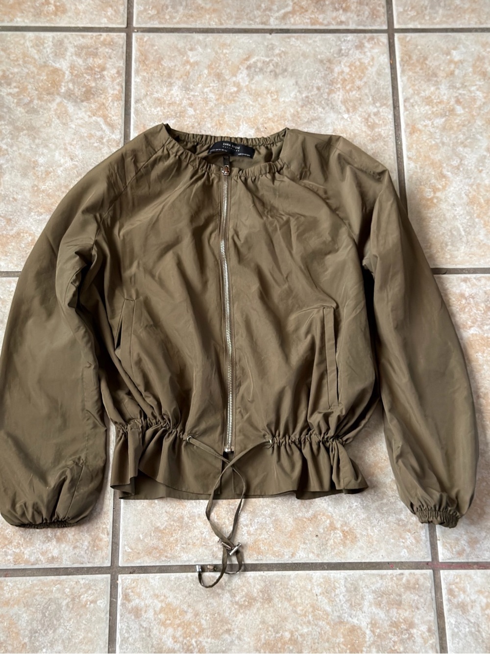 Zara Basic Lightweight Drawstring Waist Bomber Jacket Olive Green - Picture 3 of 4